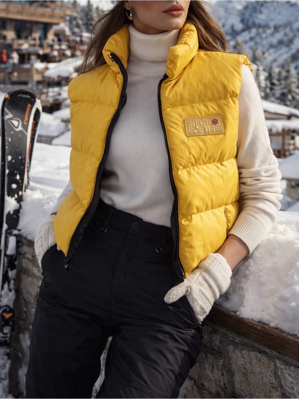 Snow System Retro Vintage Down Filled Puffer Vest Yellow Women’s Alpine Ski Wear